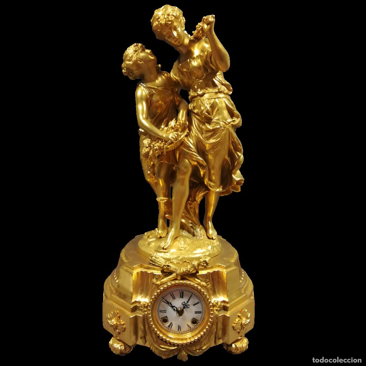 Horloges &agrave; remontage manuel: RELOJ DE BRONCE CON BA&Ntilde;O DE ORO CON FIGURAS LAS HERMANAS