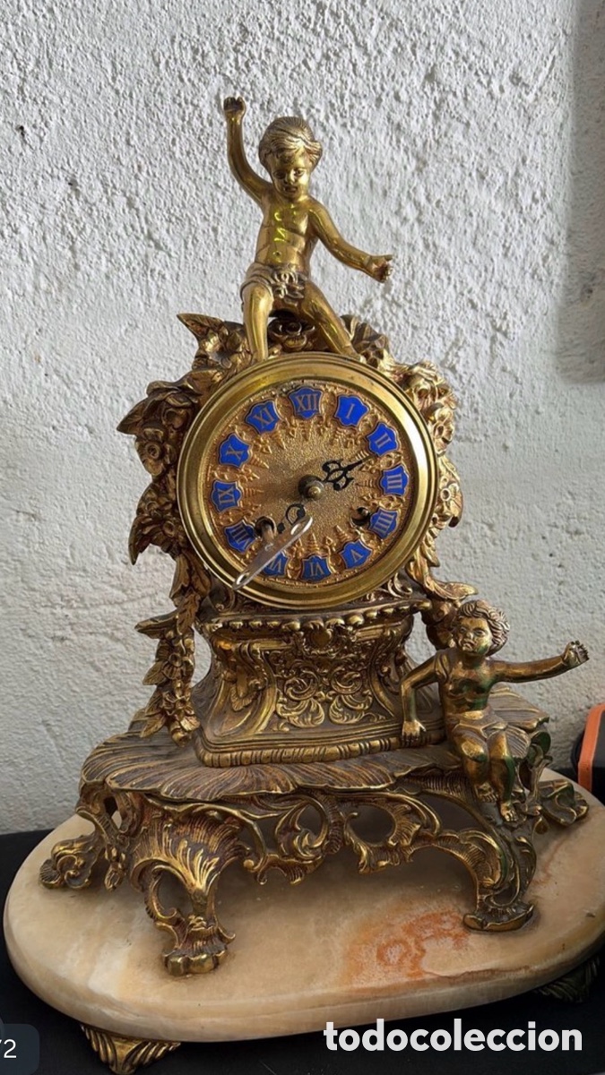 Relojes de carga manual: Espectacular Reloj de Sobremesa Estilo Rococ&oacute; - Bronce Macizo y Base de M&aacute;rmol - Figuras Querubines