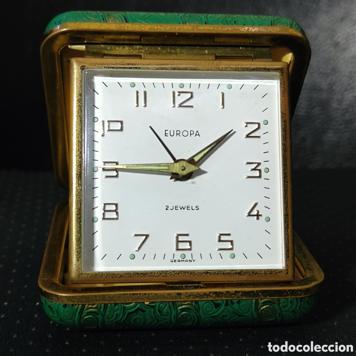 Relojes de carga manual: Reloj de Viaje Despertador Vintage EUROPA 2 Jewels - Plegable Alem&aacute;n - Estuche Verde Labrado A&ntilde;os 60