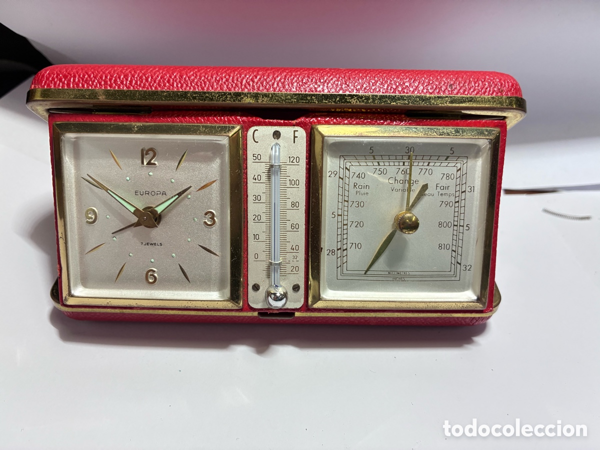 Relojes de carga manual: Reloj de viaje Europa con bar&oacute;metro y term&oacute;metro en funcionamiento a&ntilde;os 1950