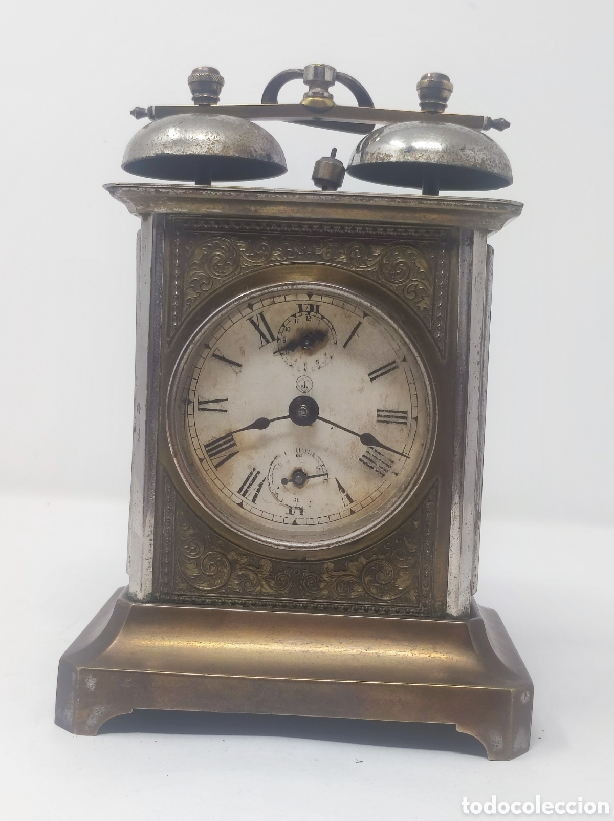 Relojes de carga manual: Antiguo Reloj Despertador Sobremesa JUNGHANS (c. 1900) - Doble Campana - Lat&oacute;n Grabado