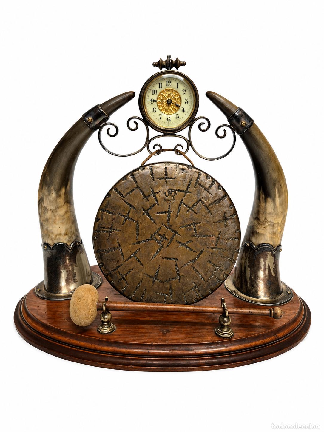 Relojes de carga manual: Antiguo Gong de Mesa, de Cena - &Eacute;poca Eduardiana, Inglaterra - con Reloj (Funciona) - c. 1900-1915