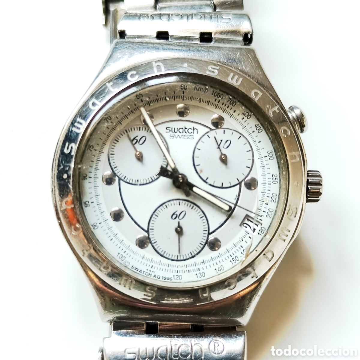 Relojes - Swatch: Reloj Swatch Swiss Irony Chrono - Acero inoxidable, a&ntilde;o 1995, con da&ntilde;o en el cristal, funciona.