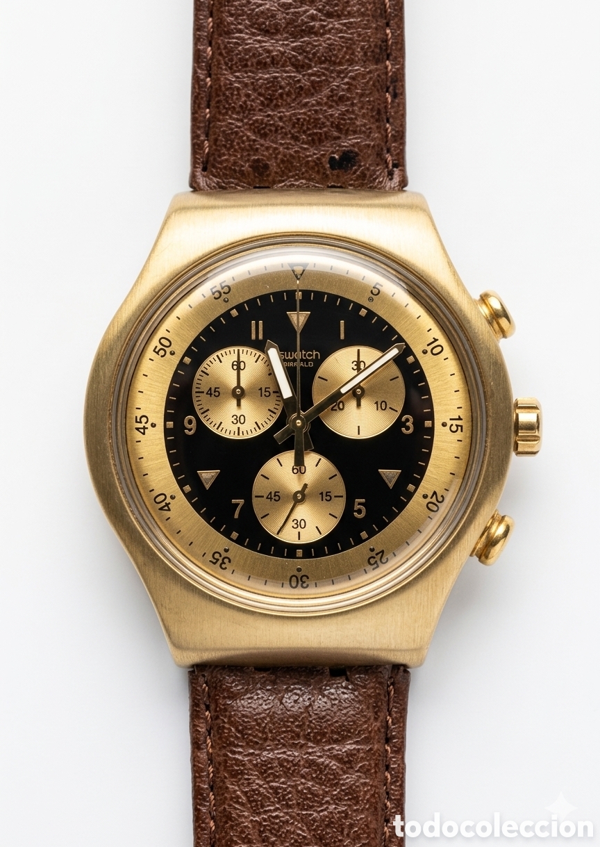 Relojes - Swatch: Reloj Swatch fondo negro correa piel marr&oacute;n