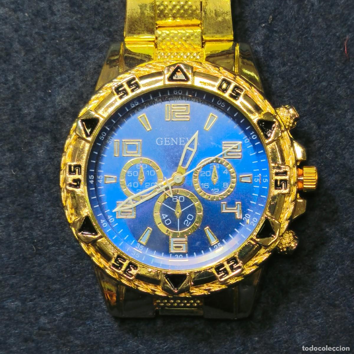 Montres: RELOJ DE ARMIS DE ACERO DORADO. MARCA GENEVA. ESFERA AZUL. QUARTZ