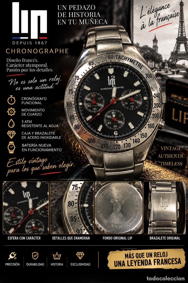 Relojes: LIP Cron&oacute;grafo Hombre Vintage &ndash; Taqu&iacute;metro &ndash; Esfera Negra &ndash; Brazalete Met&aacute;lico &ndash; Bater&iacute;a Nueva &ndash; Fun