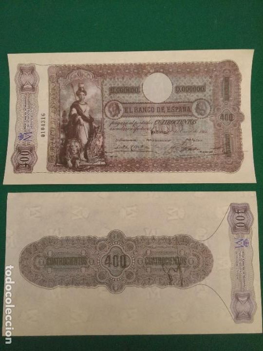 Reprodu&ccedil;&otilde;es notas e moedas: 400 ESCUDOS - 1/1/1866 - FACSIMIL IMPRESO POR LA REAL CASA DE LA MONEDA Y TIMBRE