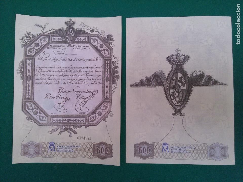 Reprodu&ccedil;&otilde;es notas e moedas: 600 PESOS - 1/10/1797 - FACSIMIL IMPRESO POR LA REAL CASA DE LA MONEDA Y TIMBRE
