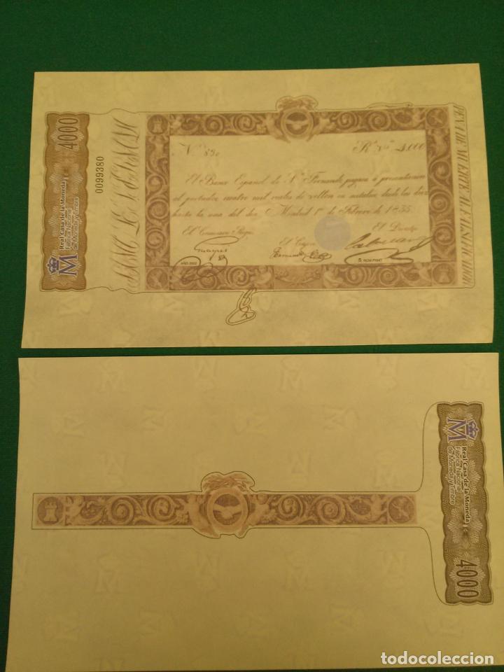 Replikate von Banknoten und M&uuml;nzen: 4000 REALES DE VELLON - 1/2/1835 - FACSIMIL IMPRESO POR LA REAL CASA DE LA MONEDA Y TIMBRE