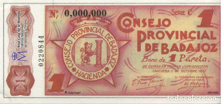 Reprodu&ccedil;&otilde;es notas e moedas: REPRODUCCI&Oacute;N BILLETE 1 PESETA (1937). CONSEJO PROVINCIAL DE BADAJOZ. BILL-746 ,2