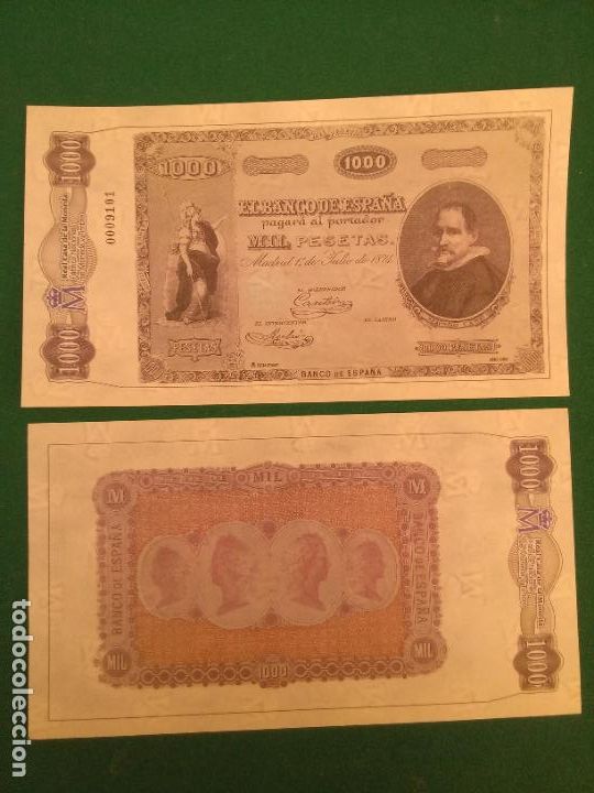 Reprodu&ccedil;&otilde;es notas e moedas: 1000 PESETAS - 1/7/1874 - FACSIMIL IMPRESO POR LA REAL CASA DE LA MONEDA Y TIMBRE