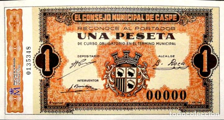 Reproducciones billetes y monedas: Billete 1 Una PESETA Consejo Municipal Caspe - Facsimil FNMT Reproduccion