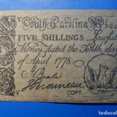 Reproducciones billetes y monedas: ANTIGUO BILLETE AMERICANO AÑO 1778 - FIVE SHILLINGS - SOUTH CAROLINA - COPY - REPRODUCCIÓN