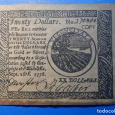 Reproducciones billetes y monedas: ANTIGUO BILLETE AMERICANO AÑO 1778 - XX TWENTY DOLLARS - THE UNITED STATES DOLL, COPY - REPRODUCCIÓN