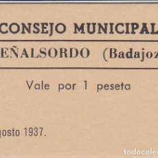 Reproducciones billetes y monedas: BILLETE DE 1 PESETA DEL CONSEJO MUNICIPAL DE PEÑALSORDO DEL AÑO 1937 (POSIBLE FANTASIA)