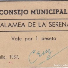Reproducciones billetes y monedas: BILLETE DE 1 PESETA DEL CONSEJO MUNICIPAL DE ZALAMEA DE LA SERENA AÑO 1937 (POSIBLE FANTASIA)