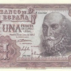 Reproduções notas e moedas: BILLETE FACSIMIL 108 - MARQUÉS DE SANTA CRUZ - 1 PTA - 22 JULIO 1953 - VALOR 40€. Lote 242881395