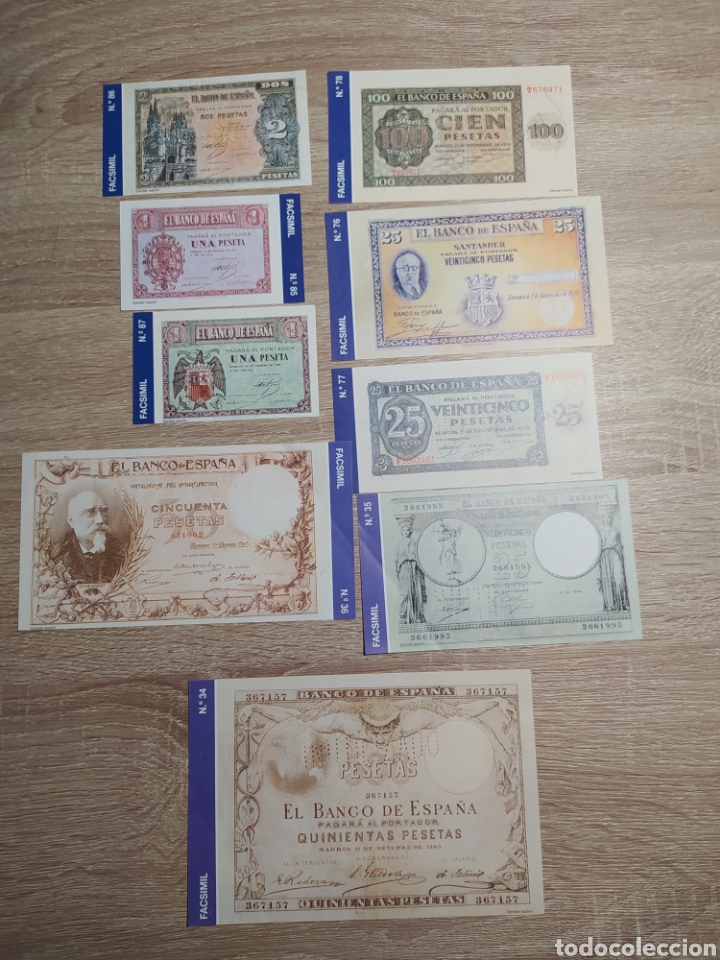 Reproducciones billetes y monedas: LOTE DE 9 BILLETES FACS&Iacute;MIL DEL ALBUM LA HISTORIA DE LA PESETA. JOLY