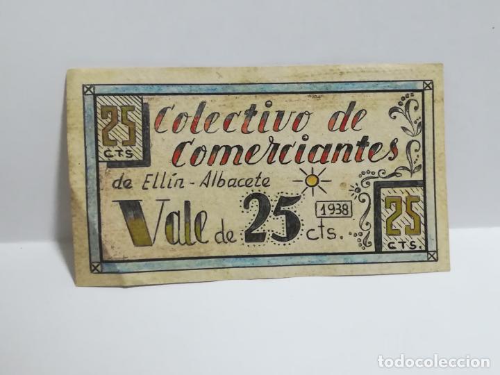 Reprodu&ccedil;&otilde;es notas e moedas: COLECTIVO DE COMERCIANTES. VALE 25 CENTIMOS. ELLIN. 1938. ALBACETE. VER DORSO
