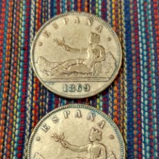 Reproducciones billetes y monedas: X- DOS BONITAS COPIAS DEL RARÍSIMO DURO CINCO PESETAS DE 1869 NO SON DE PLATA.