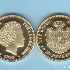 Reproducciones billetes y monedas: ESPAÑA / REY ALFONSO XIII (1.886-1.931) 20 PESETAS 1.892 #18-92 ”BUCLES” PG M MADRID ORO PROOF SC