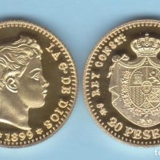 Reproducciones billetes y monedas: ESPAÑA / REY ALFONSO XIII (1.886-1.931) 20 PESETAS 1.899 #18-99 ”TUPÉ” SM V MADRID ORO PROOF SC