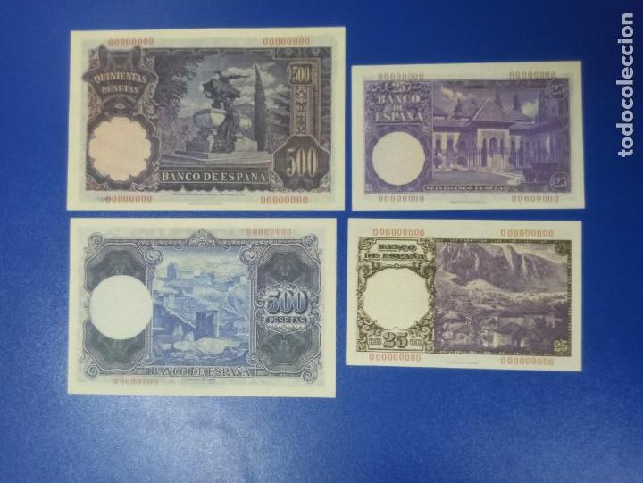 Replikate von Banknoten und M&uuml;nzen: LOTE 4 BILLETES - EJEMPLARES FASCIMIL - 25 Y 500 PESETAS - NUMERACION 0