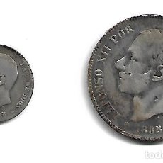 Reproducciones billetes y monedas: REPRODUCCION DE EPOCA DE ALFONSO XII 1885 UNA PESETA Y CINCO PESETAS LAS DE LAS FOTOS. Lote 295798993