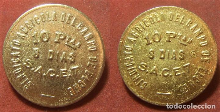 Riproduzioni banconote e monete: REPRODUCCION DE UNA MONEDA DEL SINDICATO AGRICOLA DEL CAMPO DE ELCHE 10 Pesetas