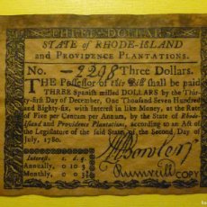Reproducciones billetes y monedas: FACSIMILE - BILLETE COLONIAL - AÑO 1780 - THREE SPANISH MILLED DOLLARS - STATE OF RHODE ISLAND