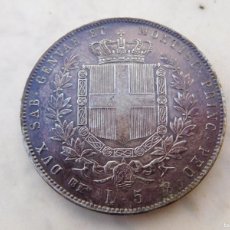 Reproducciones billetes y monedas: MONEDA DE 5 LIRAS AÑO 1855 SARDEGNA. REPRODUCCIÓN. Lote 389433704