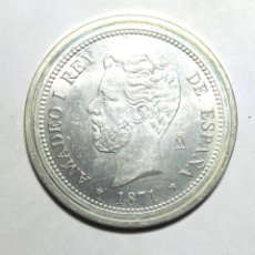 Reproducciones billetes y monedas: RÉPLICA MONEDA AMADEO I -1871-- 5 PTS - , BAÑADA EN PLATA CECA REAL CASA DE LA MONEDA FNMT. Lote 396522109