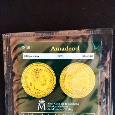 Reproducciones billetes y monedas: MONEDA 100 PESETAS. AMADEO I. 1871. MADRID. REPRODUCCIÓN. BAÑO DE ORO PURO. ROMANJUGUETESYMAS.. Lote 401349659