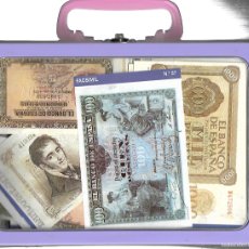 Reproducciones billetes y monedas: MALETIN DE CHAPA 23 X 17 CM CON LOTE DE 100 BILLETES REPRODUCCION DE LA HISTORIA DE LA PESETA