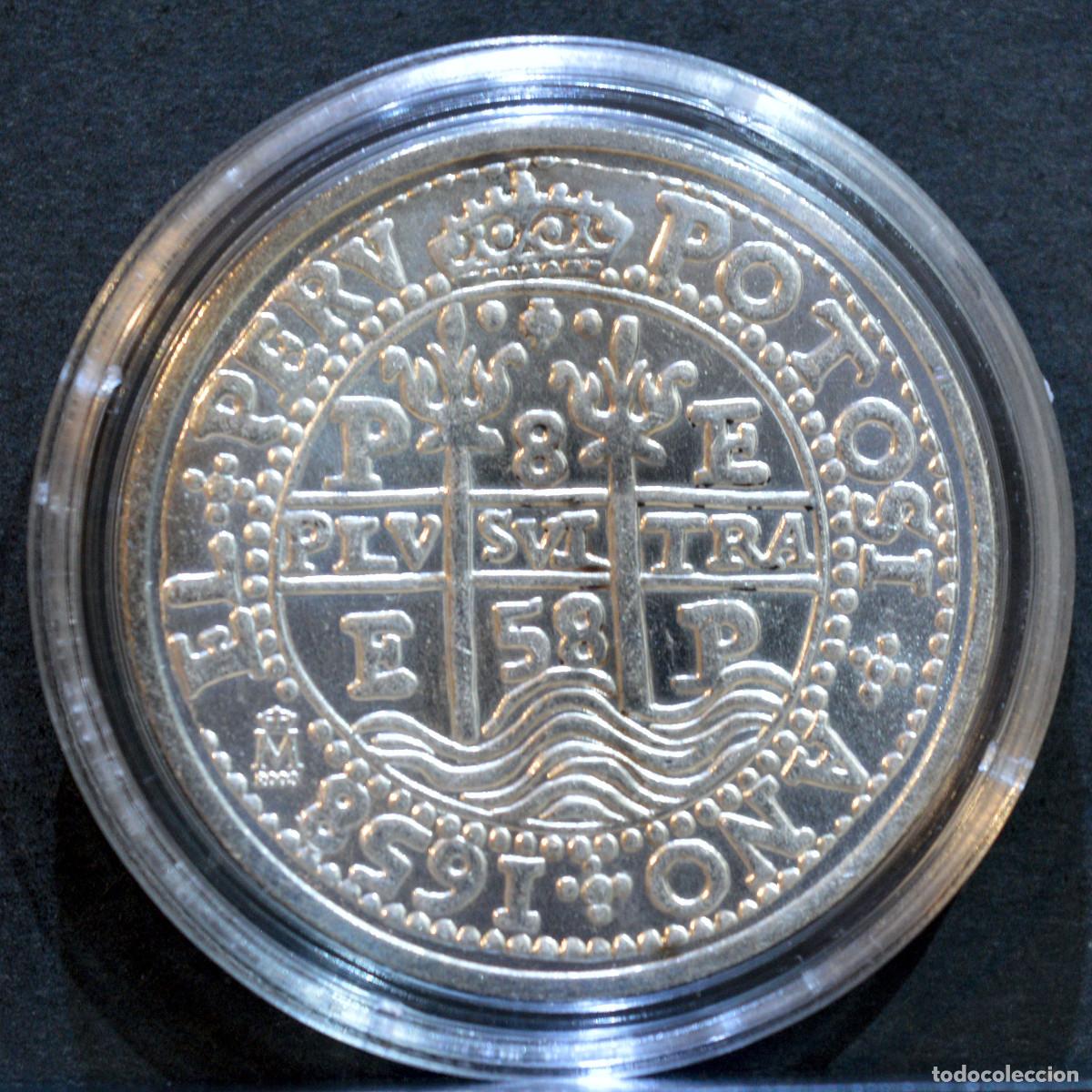 Reproducciones billetes y monedas: REPRODUCCI&Oacute;N MONEDA PLATA 8 REALES 1658 POTOSI CARLOS IV ESPA&Ntilde;A METAL CON BA&Ntilde;O DE PLATA PURA