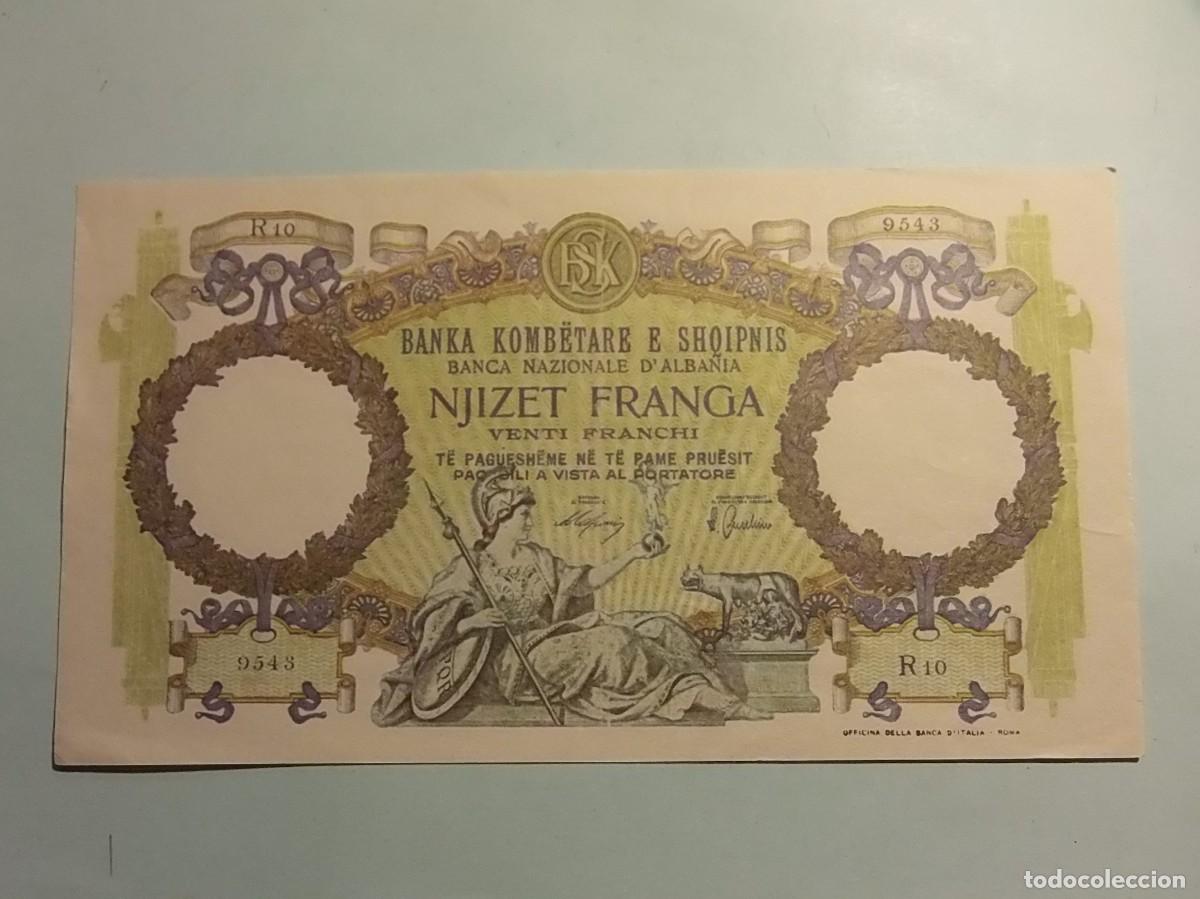 Replikate von Banknoten und M&uuml;nzen: REPRODUCCI&Oacute;N - FACSIMIL BILLETE BANCO DE ALBANIA - NJIZET FRANGA, VENTI FRANCHI - EBC.