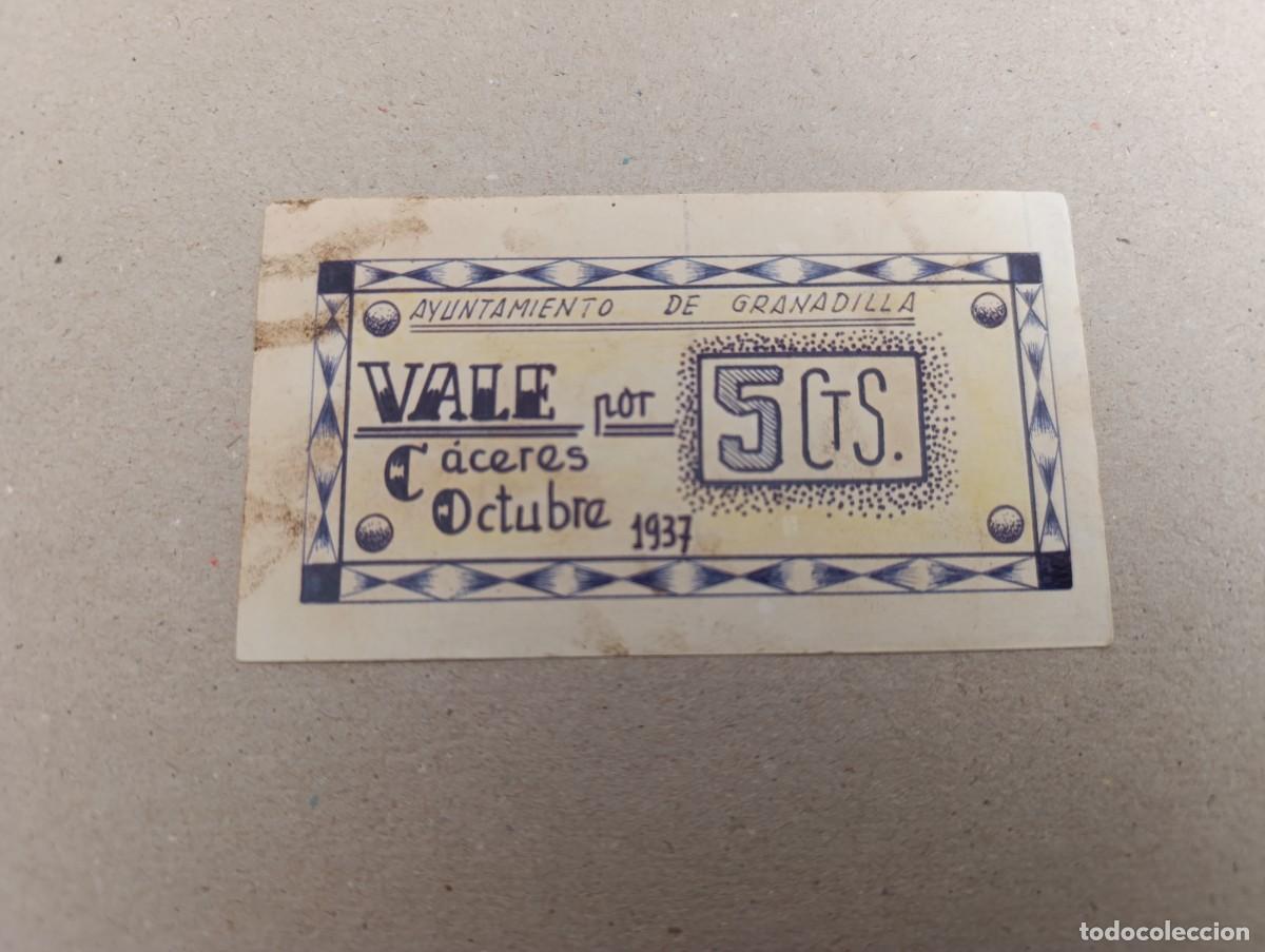 Reproducciones billetes y monedas: Billete local Granadilla (C&aacute;ceres) de 5 centimos, a&ntilde;o 1937, guerra civil