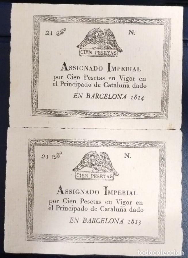Reprodu&ccedil;&otilde;es notas e moedas: PAREJA DE BILLETES DE 100 PESETAS ASSIGNADO IMPERIAL BARCELONA 1814 ( SIN NUMERACION )( BSP169 )