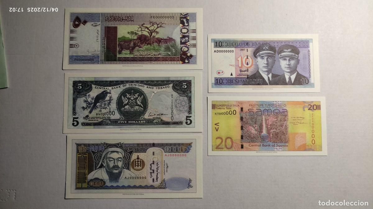 Reproducciones billetes y monedas: BILLETES DEL MUNDO N&ordm; 1- SUD&Aacute;N, TRINIDAD Y TOBAGO, MONGOLIA, LITUANIA Y SAMOA - 5 BILLETES