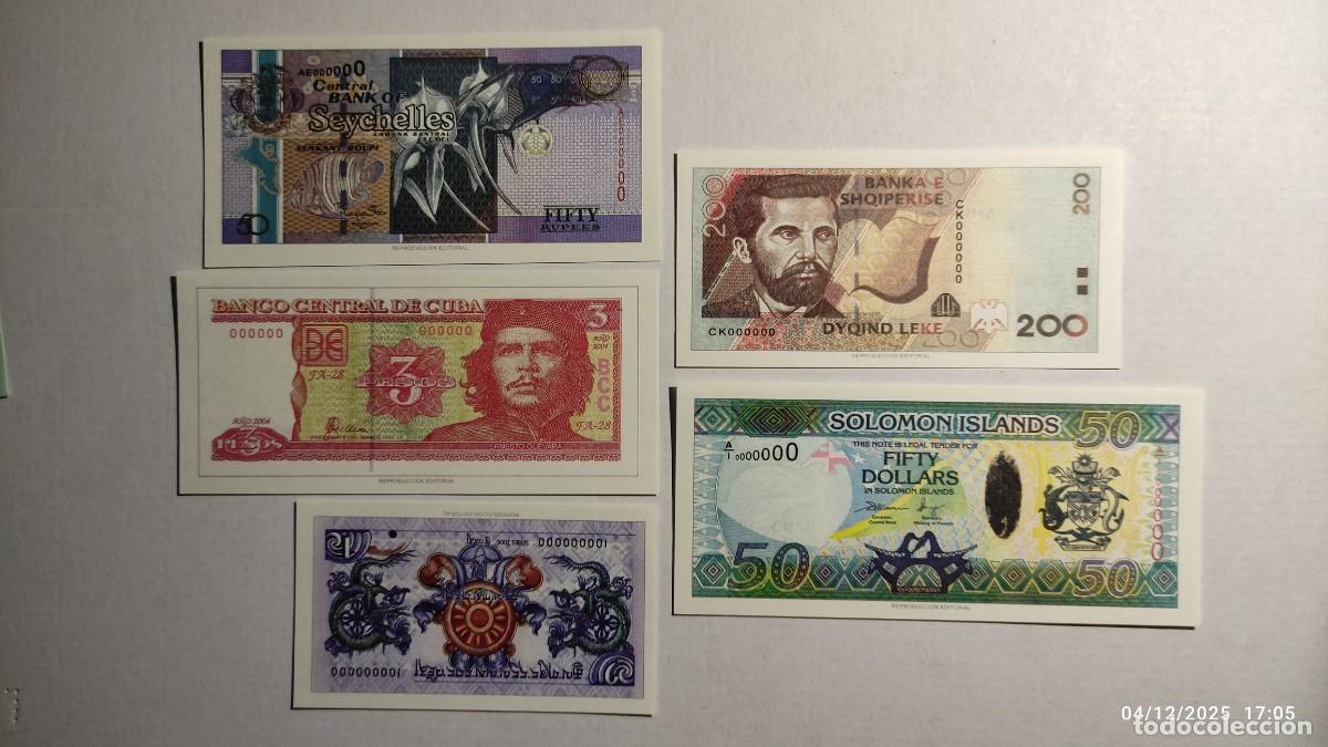 Reproducciones billetes y monedas: BILLETES DEL MUNDO N&ordm; 2- SEYCHELLES, CUBA, BHUT&Aacute;N, ALBANIA Y ISLAS SALOM&Oacute;N - 5 BILLETES