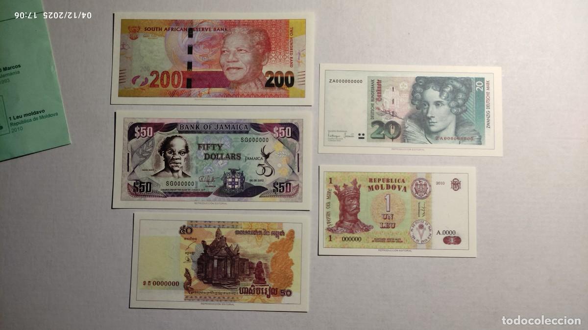Reproducciones billetes y monedas: BILLETES DEL MUNDO N&ordm; 3- SUD&Aacute;FRICA, JAMAICA, CAMBOYA, ALEMANIA Y REP. MOLDOVA - 5 BILLETES