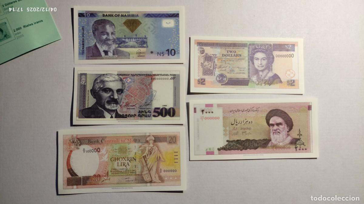 Reproducciones billetes y monedas: BILLETES DEL MUNDO N&ordm; 6 - NAMIBIA, ARMENIA, MALTA, BELICE Y IR&Aacute;N - 5 BILLETES.