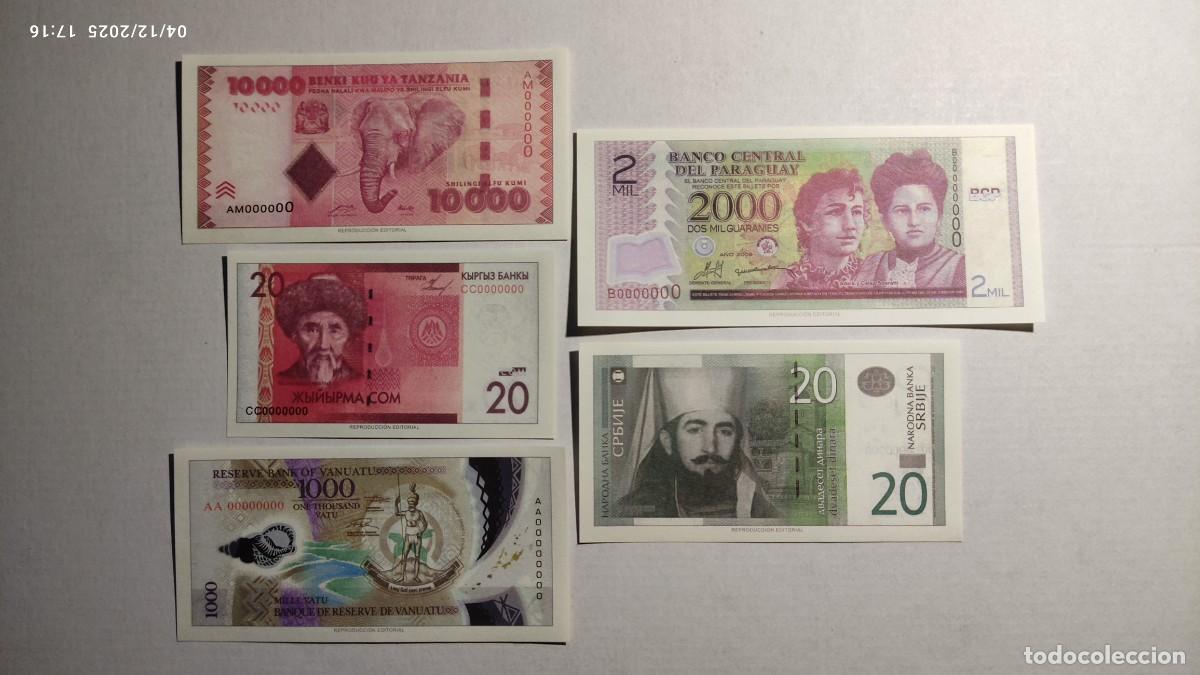 Reproductions Banknotes and Coins: BILLETES DEL MUNDO N&ordm; 7 - TANZANIA, KIRGUIST&Aacute;N, VANUATU, PARAGUAY Y SERBIA - 5 BILLETES.
