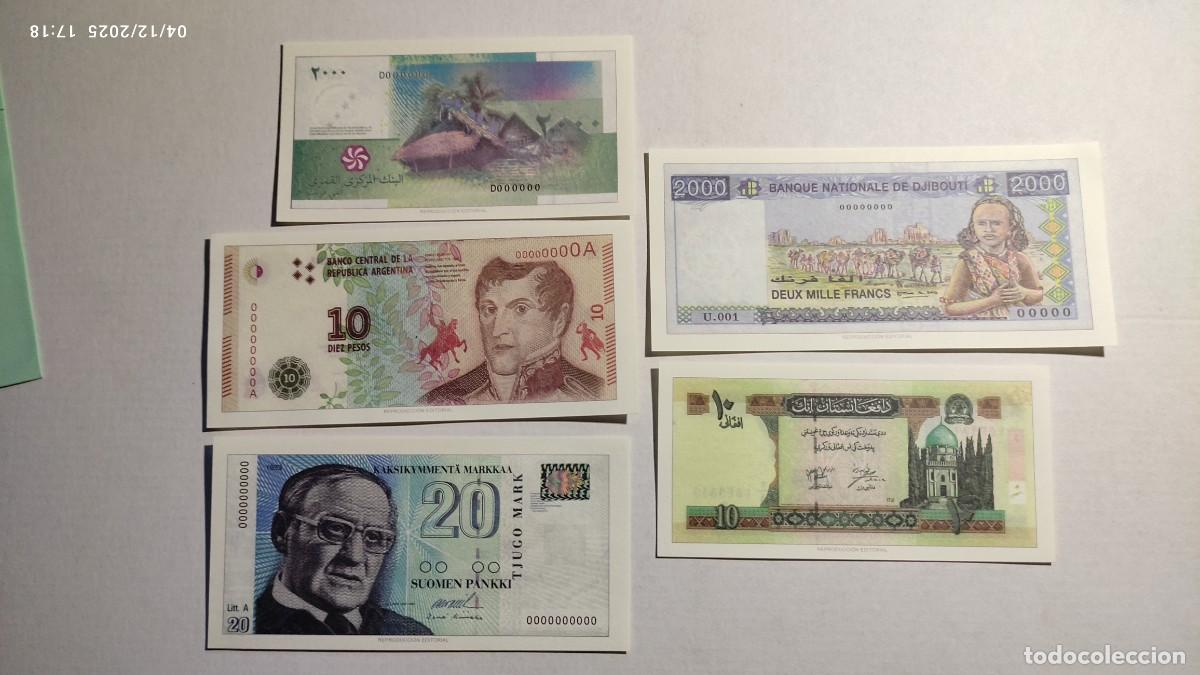 Reproducciones billetes y monedas: BILLETES DEL MUNDO N&ordm; 8 - COMORAS, ARGENTINA, FINLANDIA, DJIBOUTI, AFGANIST&Aacute;N- 5 BILLETES.
