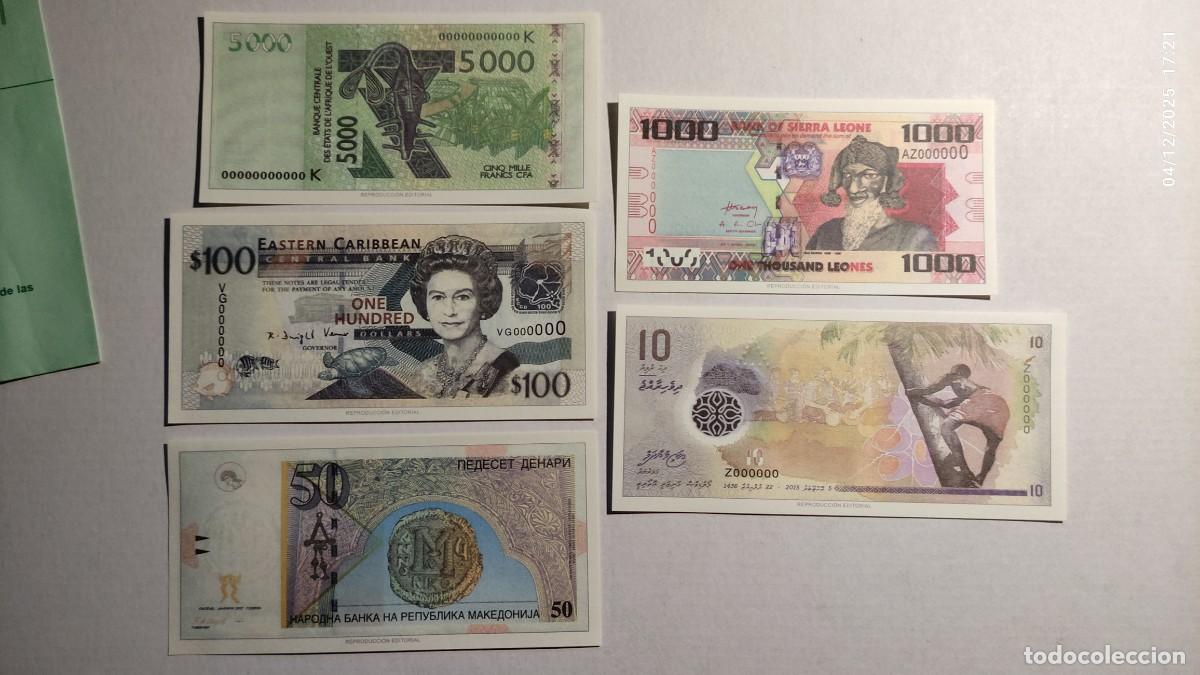 Reproducciones billetes y monedas: BILLETES DEL MUNDO N&ordm; 9 -COSTA MARFIL, S.CRIST&Oacute;BAL, MACEDONIA, SIERRA LEONA, MALDIVAS- 5 BILLETES.