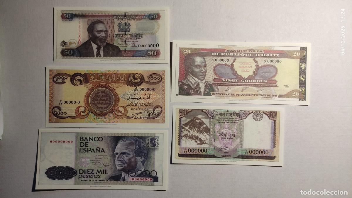Reproductions Banknotes and Coins: BILLETES DEL MUNDO N&ordm;10 -KENIA, IRAQ, ESPA&Ntilde;A, HAITI Y NEPAL - 5 BILLETES.