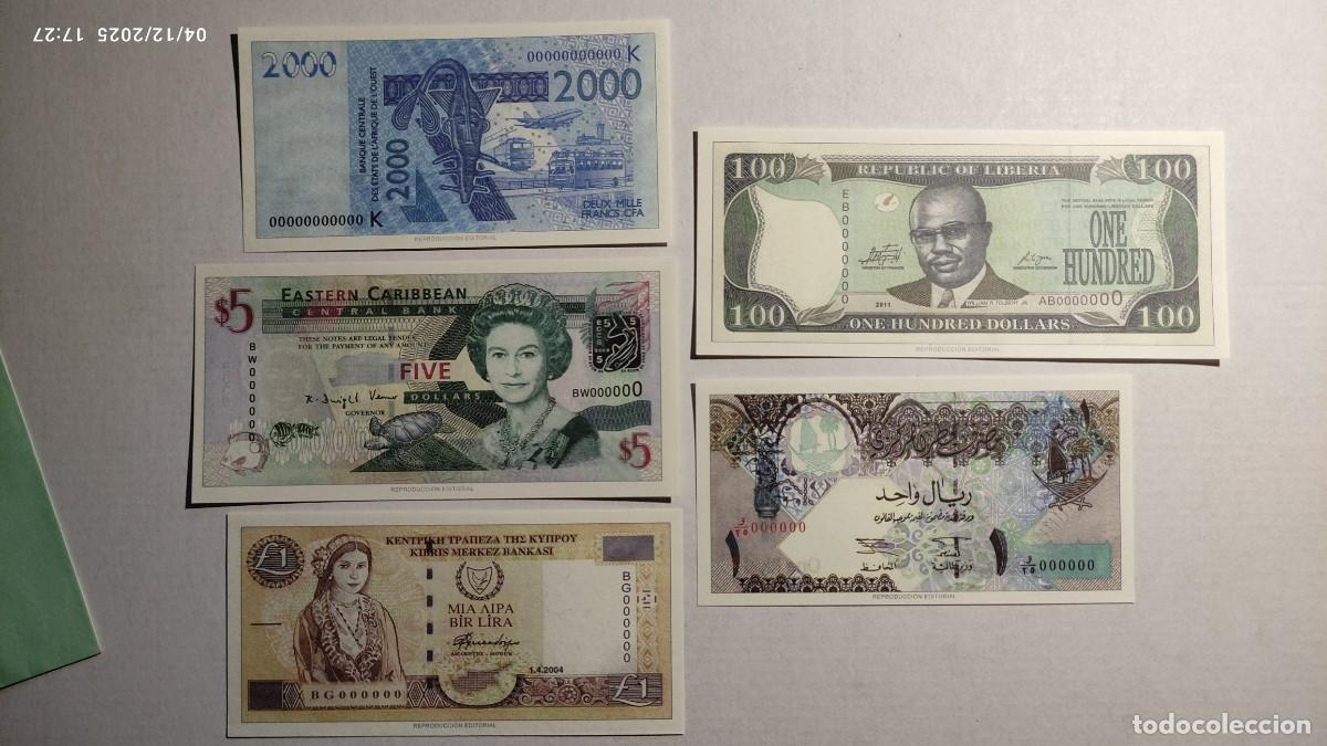Reproductions Banknotes and Coins: BILLETES DEL MUNDO N&ordm;11 - BURKINA FASO, ANTIGUA-BARBUDA, CHIPRE, LIBERIA, QATAR - 5 BILLETES.