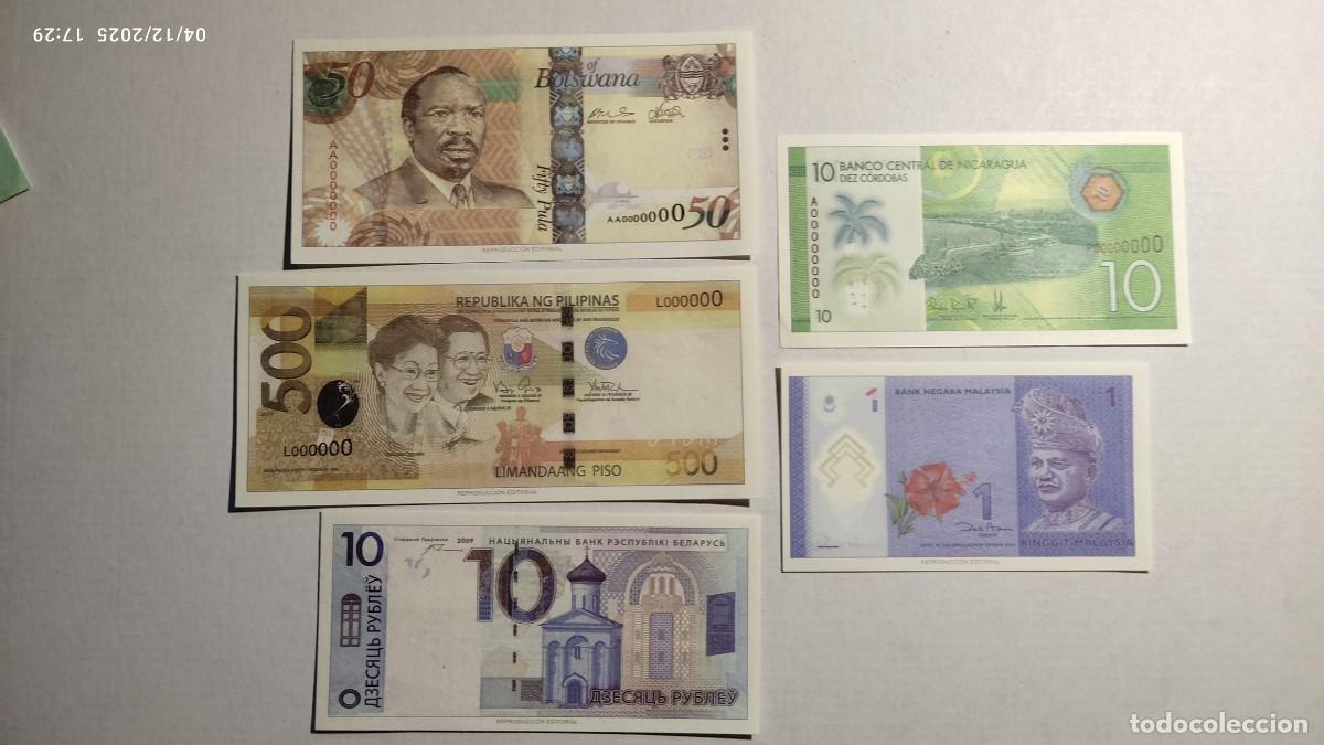 Reproductions Banknotes and Coins: BILLETES DEL MUNDO N&ordm;12 - BOTSUANA, FILIPINAS, BIELORRUSIA, NICARAGUA Y MALASIA- 5 BILLETES.