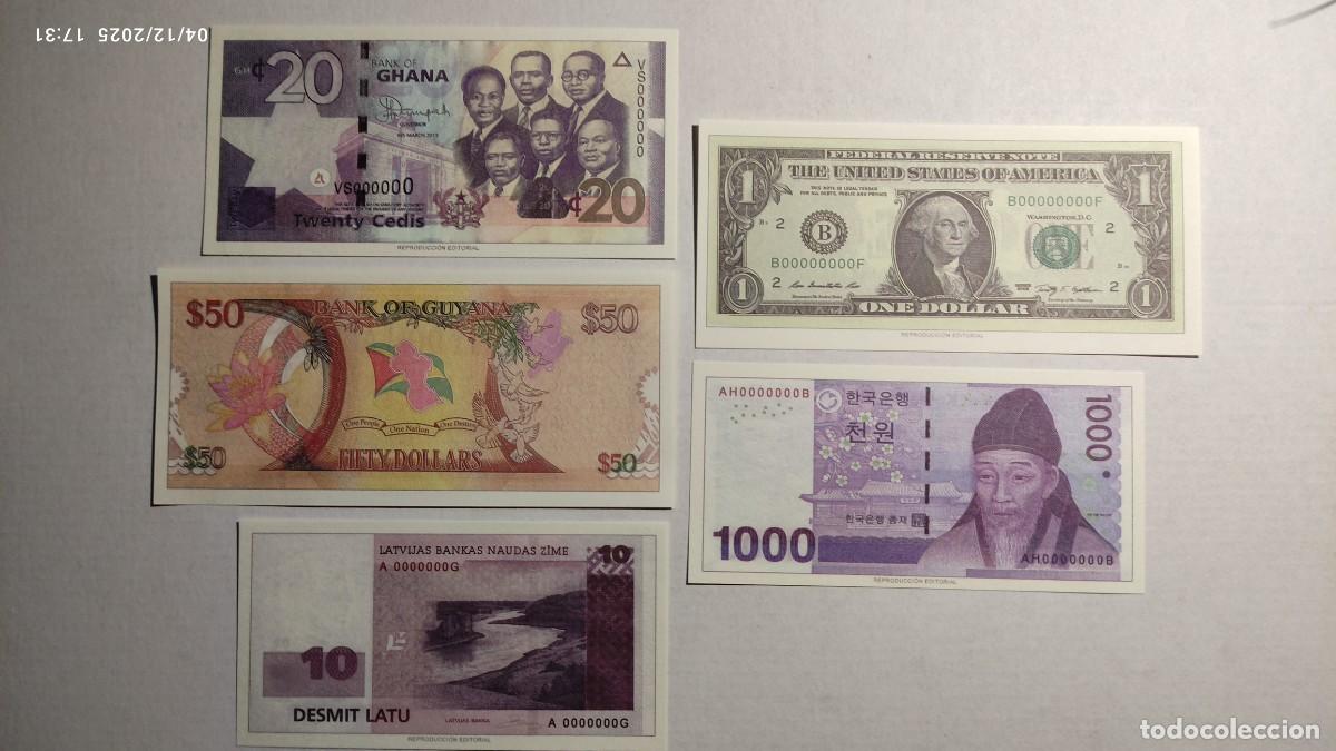Reproductions Banknotes and Coins: BILLETES DEL MUNDO N&ordm;13 - GHANA, GUYANA, LETONIA, EE.UU. Y REP. COREA- 5 BILLETES.