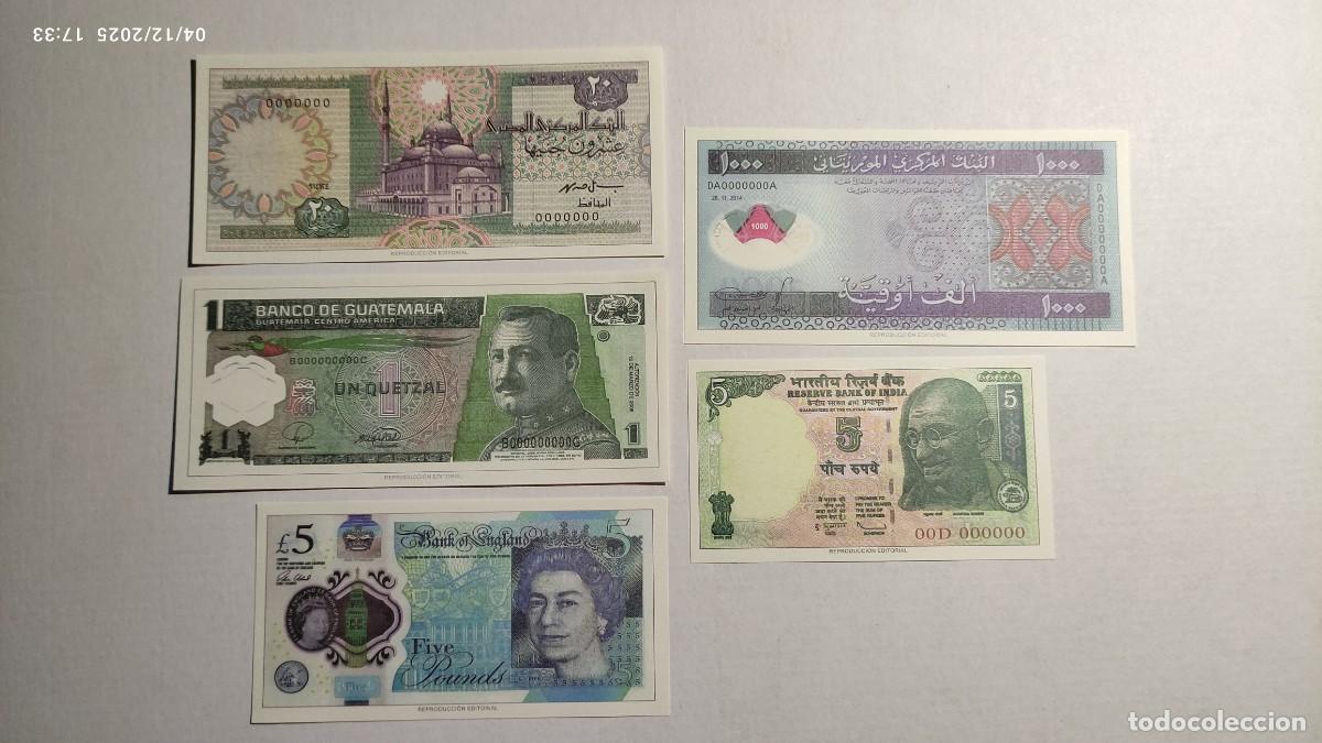 Reproductions Banknotes and Coins: BILLETES DEL MUNDO N&ordm;14 - EGIPTO, GUATEMALA, REINO UNIDO, MAURITANIA, INDIA - 5 BILLETES.